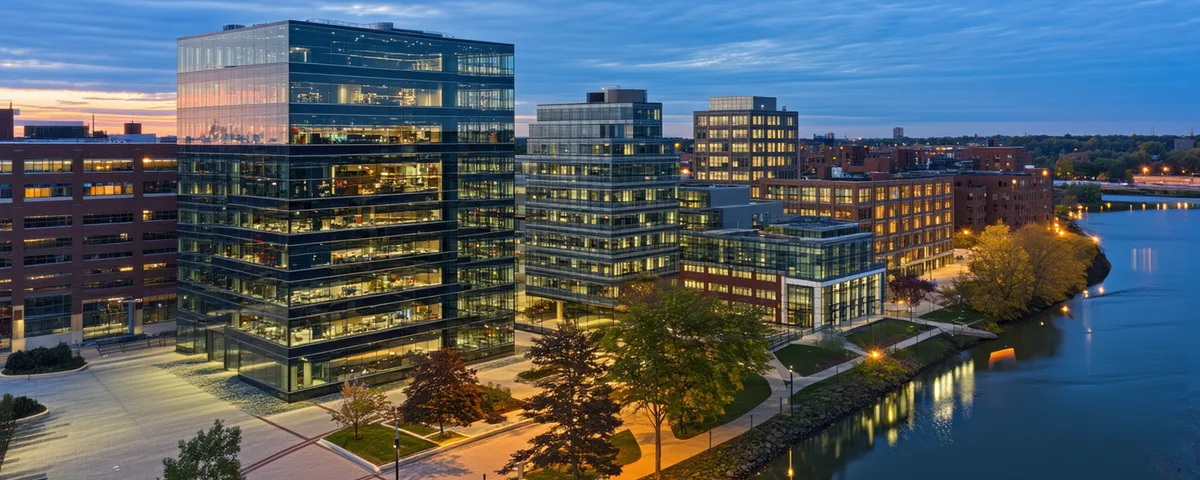 Abstract scene of Cambridge Kendall Square biotech district environment