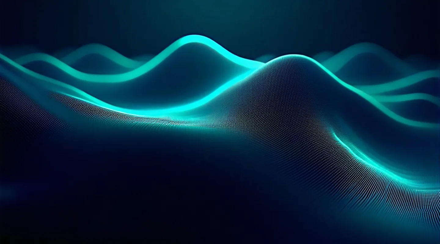Abstract 3D protein mutation stability landscape surface rendered in teal-to-crimson heatmap gradient against deep navy background
